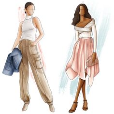 two women in different outfits, one wearing a white top and the other brown pants