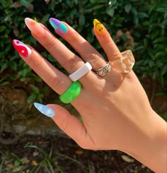 Nail Designs Funky, Rave Nails Festivals, Rainbow Checkered Nails, Happy Face Nails, Multi Colored Checkered Nails, Coffin Smiley Face Nails, Trippy Checkered Nails, Trippy Manicure, Rave Nails