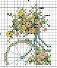 a cross stitch pattern with flowers and a wheel on the front, as well as an arrow