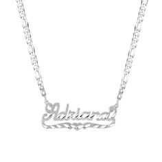 Product Details Customizable With: Names, Dates, Roman Numerals, or Words Chain Type: Figaro Chain Closure: Lobster Clasp Metal Selection: Sterling Silver 14k Gold over Silver Description The Diamond Cut Name Necklace is a beautifully ornate nameplate necklace. You can add a name to this diamond cut necklace that is up to 10 characters, all will be written in elegant script. Underneath the elegant script nameplate, is a small cut-out heart and decorations, to compete the Diamond Cut style. Diamond Cut Necklace, Nameplate Necklace, Photo Pendant, Figaro Chains, Figaro Chain, Kids Jewelry, Roman Numerals, Name Plate, Name Necklace