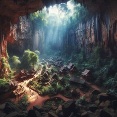 an artist's rendering of a cave in the jungle with huts and trees surrounding it