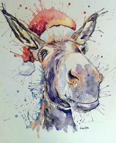 a painting of a donkey's head with paint splatters all over it