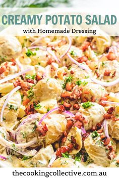 creamy potato salad with homemade dressing in a white bowl