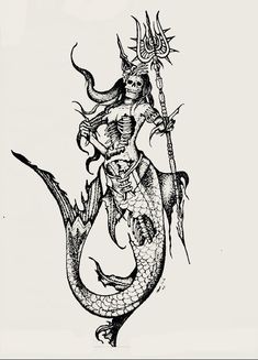 a black and white drawing of a mermaid with a spear on it's back