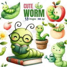 cute worms and caterpillars are reading books in front of an apple