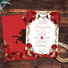 a red and gold horse themed wedding card with roses on the front, and a black horse in the back