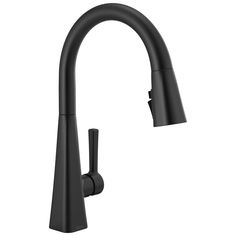 a black kitchen faucet with two handles and nozzles on the side