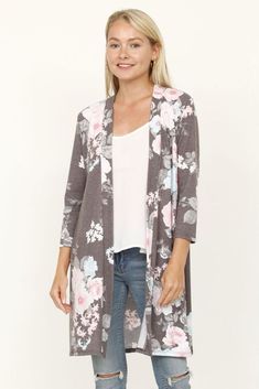 Charcoal Floral Open Cardigan Middle Aged Women, Casual Cardigans, Lightweight Cardigan, Coat Design, Open Cardigan, Navy Floral, Kimono Fashion, Middle Age, Cardigan Jacket