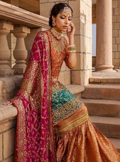 Orange Gharara Pakistani, Colourful Gharara, Jaago Outfit Ideas Punjabi, Orange Lehenga Color Combos, Banarsi Gharara Designs, Bridal Indian Dress, Mendhi Outfit