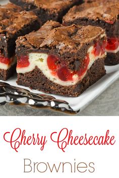 cherry cheesecake brownies on a white plate