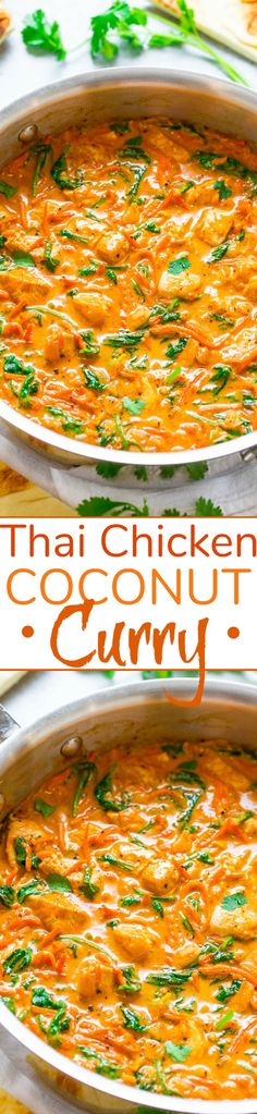 two pans filled with coconut curry and topped with green garnish, the words thai chicken coconut curry