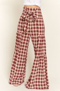 Go gingham crazy with our High Smocked Waist Gingham Print Wide Leg Pants! With a loose-fitting wide leg body and a smocked waistline in the back, these pants are both comfortable and stylish. Perfect for a picnic or a day out, these pants will keep you looking and feeling fabulous! Printed Wide Leg Pants, Teacher Style, Sweater Collection, High Waist Pants, Pants Large, Kimono Cardigan, Gingham Print, Denim Jumpsuit, Waist Pants