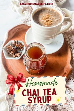 homemade chai tea syrup recipe on a wooden tray with cinnamon and star anise