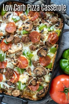 a pizza casserole with pepperoni, mushrooms and green peppers