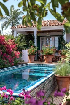 an outdoor swimming pool surrounded by potted plants and other greenery in front of a house