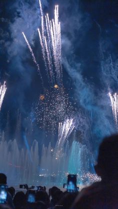 fireworks are lit up in the night sky with people looking at them and taking pictures