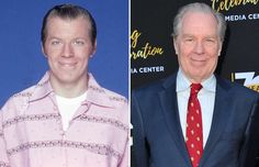 an older man wearing a red tie next to a younger man in a blue suit