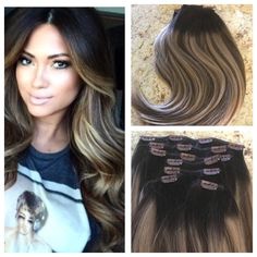 This is a 7pc set of Clip In hair extensions  -one piece with 4 clips -2 pieces with 3 clips -2 pieces with 2 clips  -2 pieces with 1 clip It's a level 2 brown fading to a 3/27 balayage  Each set is around 260 grams total Double drawn and very thick ends  I've custom colored hair extensions for more than 10 years now. I'm a licensed cosmetologist. Ask me any questions you may have. Thanks Balayage Hair Dark Short, Ombre Brown To Blonde, Balayage Hair Extensions, Balayage Hair Morenas, Brown To Blonde Balayage, Brunette Ombre, Colored Hair Extensions, Ombre Brown, Balayage Hair Dark