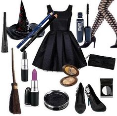 a woman's outfit and accessories are arranged in the shape of a witch costume