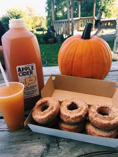 an apple cider and some donuts are sitting on a picnic table with orange juice