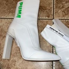 Puma | Shoes | Puma Fenty Inspired By Rihanna Ankle Boot Heel | Poshmark White High Heel Boots For Streetwear, White Boots For Streetwear In Spring, White Boots For Spring Streetwear, Modern White Boots For Streetwear, White Sporty Boots For Spring, Puma Boots Woman, Fenty Boots, Fenty Puma Shoes, Puma Casual Shoes