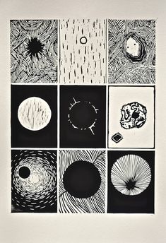 six different black and white drawings on paper with circles, stars, and shapes in them