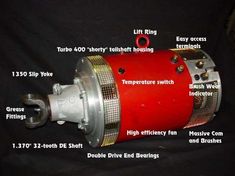 an image of a red motor with parts labeled in the text above it on a black background