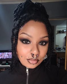 Cheek Piercings, Afro Goth, Medusa Piercing, Labret Piercing, Lisa Bonet, Black Goth, Dramatic Makeup, Alternative Girls, Septum Piercing