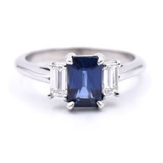 1.50tcw Sapphire & Diamond, 3 Stone, Platinum Engagement Ring, Sz: 6, Sizeable | eBay 3 Stone Sapphire And Diamond Ring, Classic Gia Certified Rectangular Sapphire Ring, Classic Three Stone Rectangular Rings, Emerald Cut Sapphire Ring, White Gold Sapphire Ring, Vintage Inspired Rings, Platinum Engagement Ring, Platinum Diamond Engagement Rings, Diamond Engagement Wedding Ring