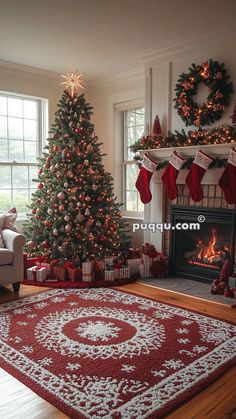 a living room decorated for christmas with red and white decor