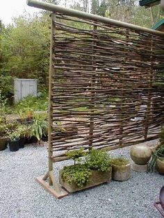 a bamboo fence with plants growing on it in the middle of a graveled area