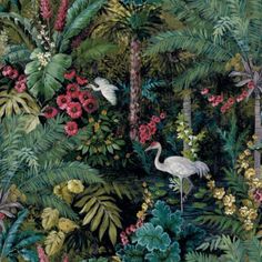 a painting of birds and flowers in the jungle with palm trees, orchids, and other tropical plants