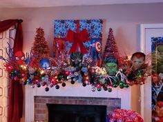 a decorated fireplace mantle with christmas decorations on it