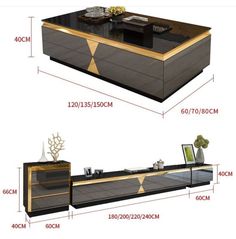 an image of a coffee table and sideboard set with measurements for each piece in the package