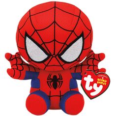 a spider - man stuffed animal with a heart tag