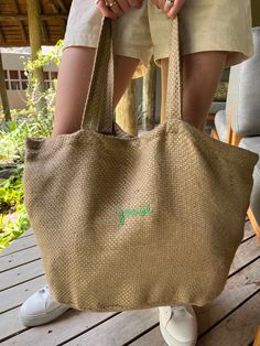 100% Natural Yarn Dyed Jute bags! Perfect as a tote at the beach or for everyday use in the summer.  Available in 3 colours, with a 58L bag capacity. Handles are in matching material and colour, and the bags have an inner zipped pocket for those essentials. The bags are 100% eco-friendly, 100% biodegradable, 100% recyclable, 100% natural. BSCI certified. Oeko-Tex certified. SEDEX certified. General size is 36x59x29cm.  Let us know if your customisation in as much details as you can! Placement is Casual Embroidered Natural Bag, Eco-friendly Ethically Sourced Shoulder Bag For Vacation, Summer Ethically Sourced Tote Bag, Ethically Sourced Summer Tote Bag, Eco-friendly Sand-colored Jute Bag, Eco-friendly Embroidered Everyday Bag, Eco-friendly Large Canvas Bag In Natural Color, Eco-friendly Sand Colored Tote Beach Bag, Eco-friendly Ethically Sourced Straw Bag For Summer