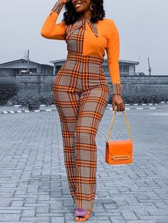 Slim Jumpsuit, Style Africain, Bodycon Jumpsuit, Turndown Collar, Jumpsuit With Sleeves, Plaid Fashion, Yellow Fashion, Mode Inspiration, Red Fashion