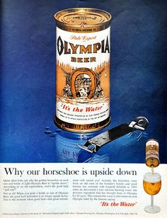 an old ad for olympic beer with a bottle opener and glass in the foreground