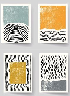 four abstract paintings with different colors and shapes