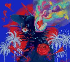 a painting of a black cat with red roses in its paws and fireworks behind it