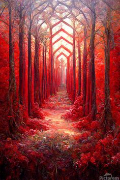 a painting of red trees in the middle of a forest