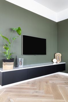 a flat screen tv mounted on a wall next to a potted plant and other items