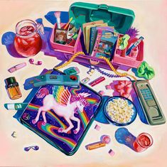 a painting of a unicorn surrounded by other items and things that are on the ground