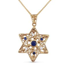 "A magnificent 14k yellow gold star of david filigree necklace, incorporated with light purple lavender stones and blue sapphire gems for decoration. This beautiful pendant was made by delicate filigree work, created in the traditional yemenite filigree style, which has been practiced in the artist's family for generations. The star of david is one of the most popular decorative motifs in all sorts of Judaica, jewelry and art, owing to its beautiful geometric symmetry and powerful symbolism. Bec Jewish Star Necklace, Lavender Stone, Judaica Jewelry, Women Necklaces, Judaica Art, Round Dangle Earrings, Jewish Star, Star Of David Pendant, Filigree Necklaces