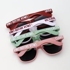 five pairs of sunglasses with the words victoria before vos written on them, sitting next to each other