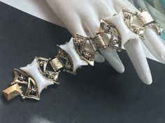 Nice collectible high and chunky white Lucite and goldtone metal mid century collectible bracelet Antique White Bracelet Jewelry, White Antique Bracelet Jewelry, White Antique Bracelet, Runway Necklace, Glam Jewelry, Black Tie Formal, Desert Hot Springs, Costume Jewelry Sets, Formal Accessories