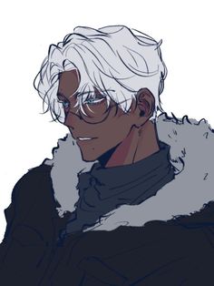 an anime character with white hair and glasses wearing a fur collar, black shirt and grey pants