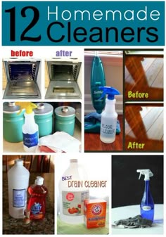 several different cleaning products are shown with the words, 12 homemade cleaners before and after