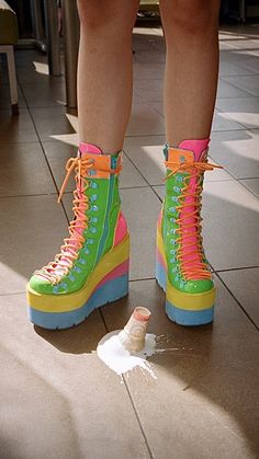 Drawing Outfits, Holographic Accessories, Rainbow Dolls, 90s Shoes, Hot Boots, Sour Candy, Chunky Shoes, June 2024, Rave Wear