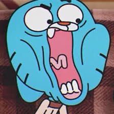 an animated blue cartoon character with its mouth open and tongue out, standing in front of a brick wall